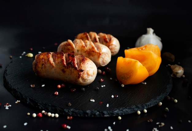 Appetizing sausages on slate board with garlic and spices on a black background