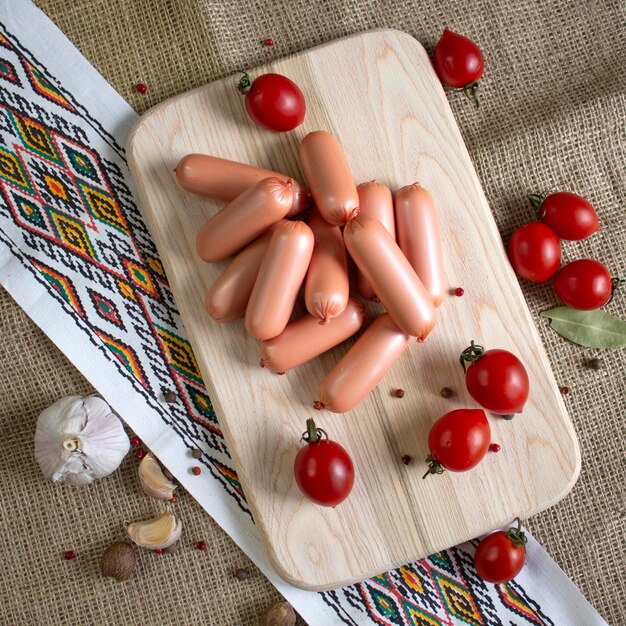 Appetizing sausages on a wood board on a linen background close up