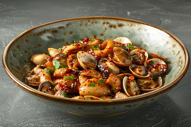 Appetizing Seafood Pasta with Clams Squid and Parsley in Rustic Ceramic Bowl on Dark Textured