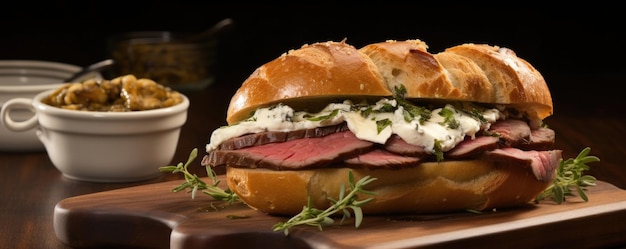 Photo an appetizing shot capturing the savory essence of a gourmet roast beef sandwich showcasing thick slices of tender slowcooked beef sharp horseradish mayo caramelized onions and a sprinkle