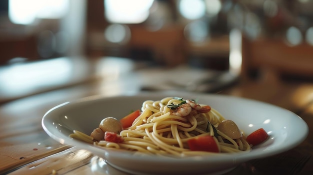 Фото На деревянном столе в теплом месте ждут аппетитные спагетти с морепродуктами.