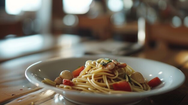 Foto appetitosi spaghetti con guarnizioni di frutti di mare aspettano su un tavolo di legno in un ambiente caldo