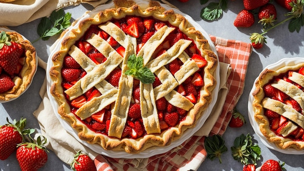 Appetizing strawberry pie fresh berries on old background