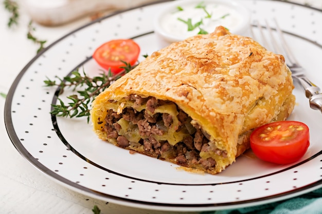 Appetizing strudel with minced beef, onions and herbs