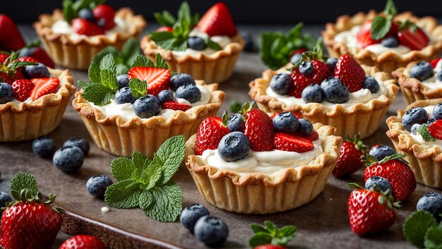 Appetizing tartlets with cream strawberries blueberries mint