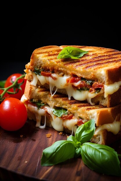 An appetizing toasted panini sandwich of tomato basil and mozzarella cheese