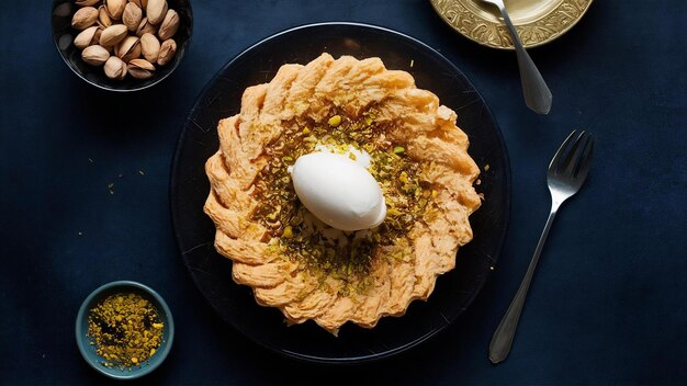 Photo appetizing turkish sweetness kanafeh made with shredded filo pastry with honey pistachios and whit