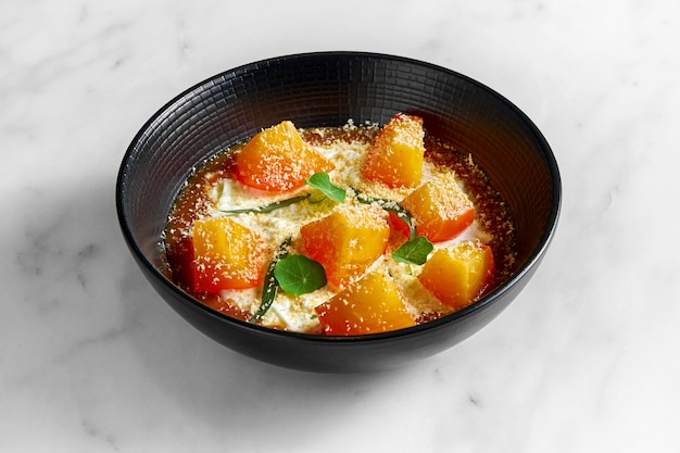 An appetizing and unusual Italian dessert - Stracciatella di bufala with persimmon and jam, served in a black plate on a marble surface