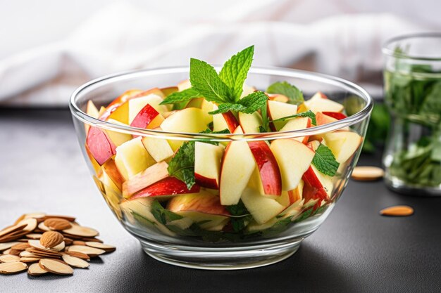 Apple and almond salad in a glass bowl