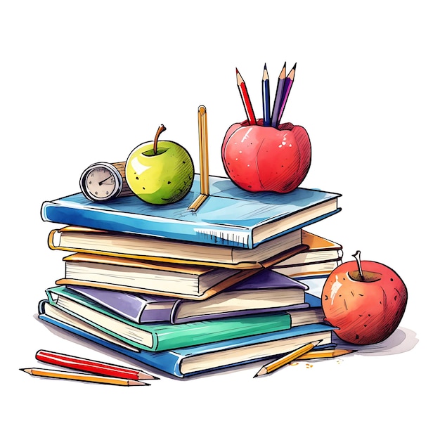 An apple and an apple are on a pile of books.