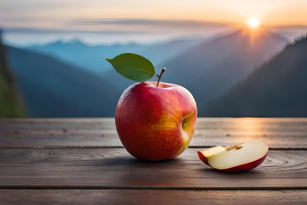 An apple and an apple on a table with the sun behind them