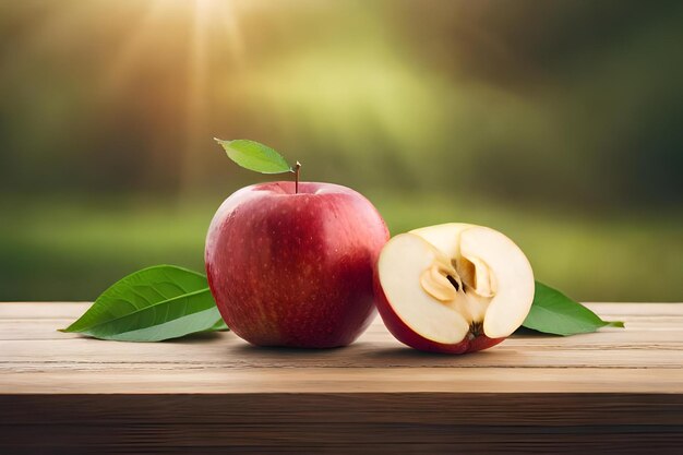 An apple and an apple on a wooden table