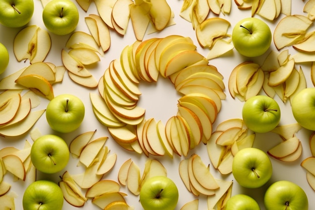 Apple background apple slices and apples spread out on a white table top view generative ai