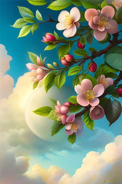 リンゴの花と空の枝