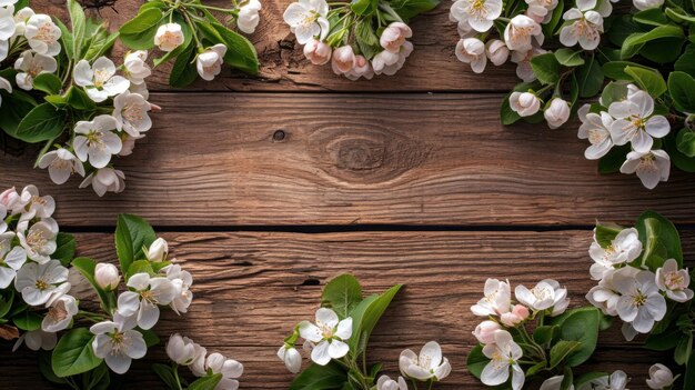 Яблоневый цвет на фоне деревянного стола и рамы