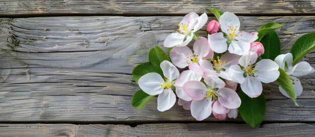春の木製の背景にリンゴの花が写真に描かれている