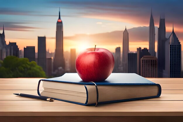 An apple and book on a desk with the city in the background.