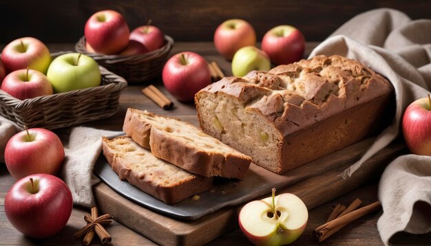 Photo apple bread rustic style with freshy picked apples and cinnamon fall baking concept