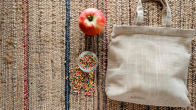 Apple Canvas Tote Bag and Jar of Colorful Pebbles Healthy Lifestyle Ecofriendly Choices