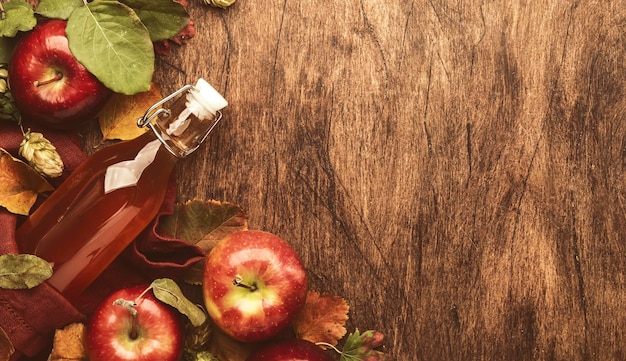 Apple cider bottle with cinnamon sticks cloves and anise on wooden background Traditional autumn winter drink and cocktail top view