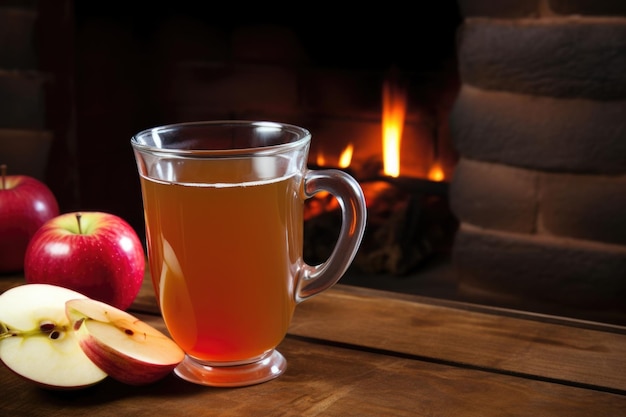 Photo apple cider in a ceramic mug next to a fireplace