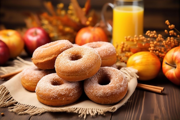 Apple Cider Doughnuts on the Wooden Table in the Autumn Season Morning