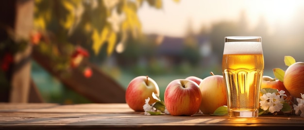 Apple cider on table with apples