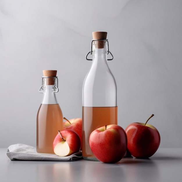 Apple cider vinegar in glass bottle and fresh red apples on a light background