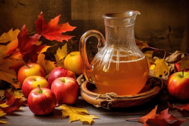 Apple cider in a vintage pitcher with fall leaves created with generative ai