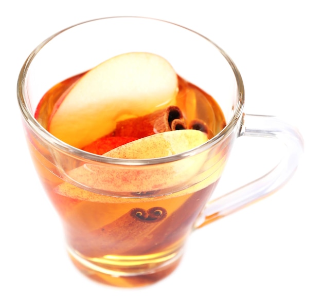 Apple cider with cinnamon sticks isolated on white