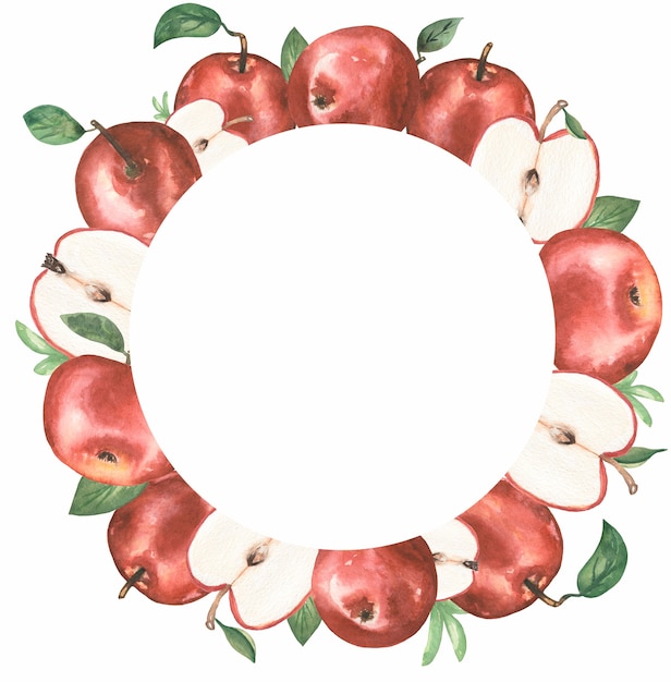 Яблочный клипарт, Акварельный венок из красного яблока, Клипарт с органическими ботаническими фруктами, Урожай в саду, Свадебные приглашения, Текстильная печать, Дизайн логотипов