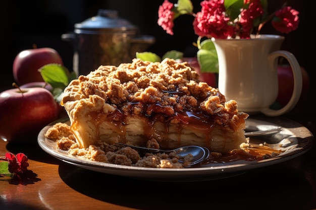 Apple and coffee pie in cozy coffee shop generative IA