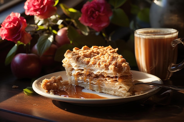 Apple and coffee pie in cozy coffee shop generative IA