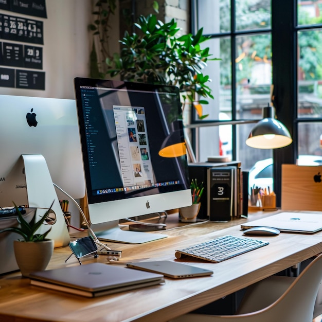 an apple computer is on a desk with a sign that says apple