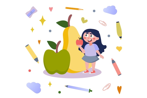 Foto il concetto di apple con la scena delle persone in disegno di cartoni animati piatti in questa meravigliosa immagine una ragazza allegra