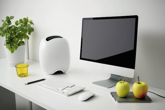 Apple desktop and supplies in studio copy space