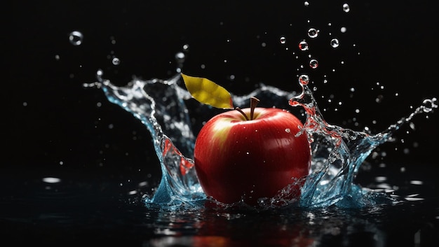 사과는 검은 배경에 고립된 물 표면에 떨어졌다