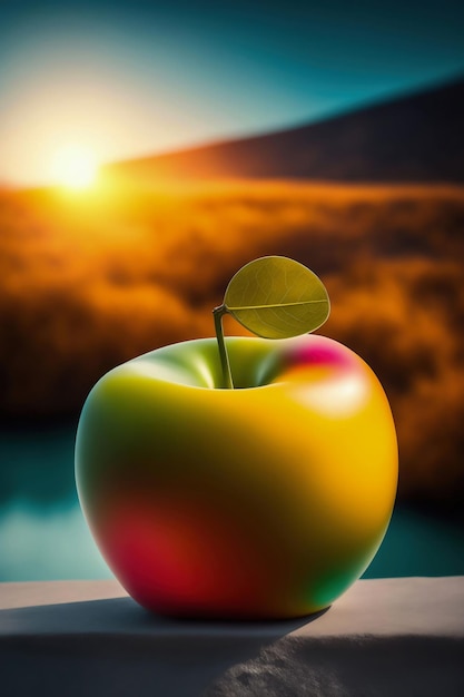 Apple on a fence with a sunset in the background