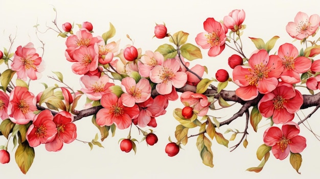 白い背景のリンゴと花の水彩画 ジェネレーティブ・アイ