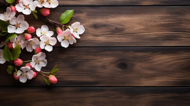 apple flowers on wooden background with space for text
