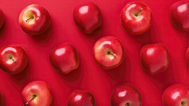 Photo apple fruit on red background flat lay top view copy space