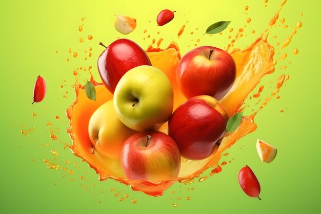 apple fruits falling into water product showcase illustration green background