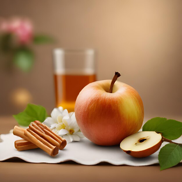 Photo a apple and a glass of juice are on a napkin with a apple and cookies