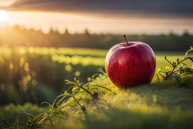 an apple on the grass with the sun behind it