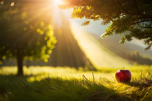 An apple in the grass with the sun behind it