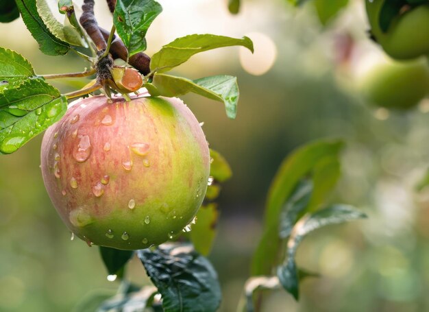 Photo apple grows on a tree in the harvest garden on everning sun flare with rainy day copy space background ai generated