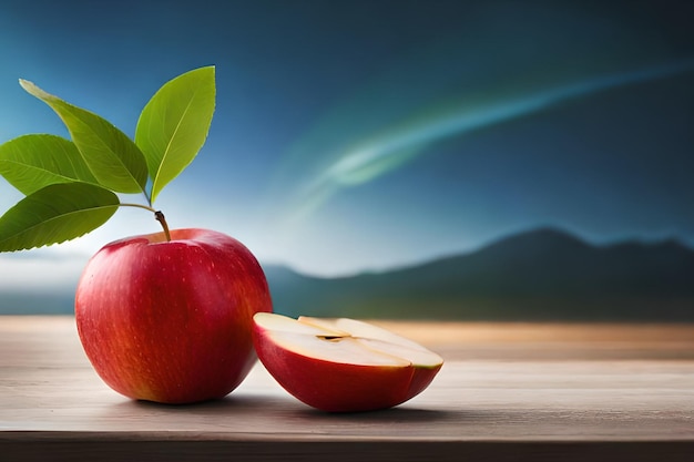 An apple and a half of an apple with a mountain in the background