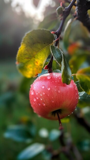 朝露生成 ai で枝にぶら下がっているリンゴ