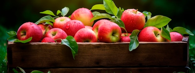 Apple harvest in a box in the garden Selective focus