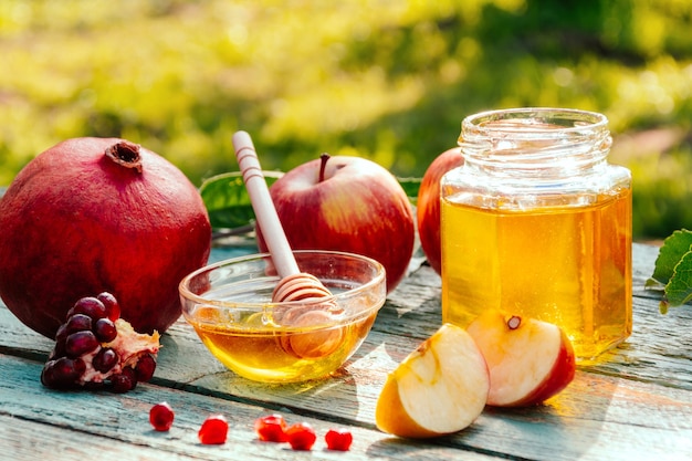 リンゴと蜂蜜とザクロ、ユダヤ人の新年の伝統的な食べ物-RoshHashana。テキスト用のスペース